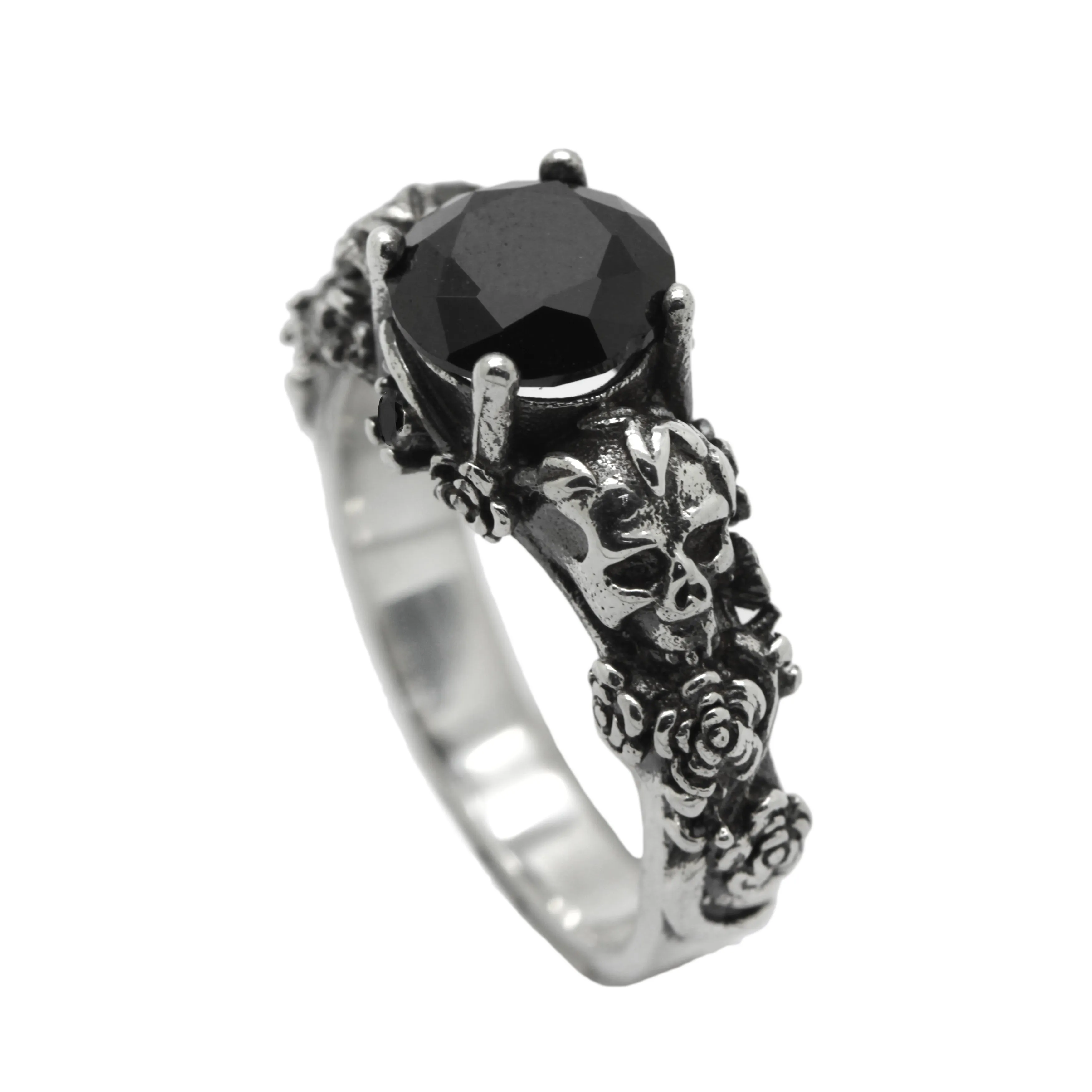 Gothic Skull and Roses, Black Round Gemstone, Skeleton Sterling Silver Ring, Love to Death