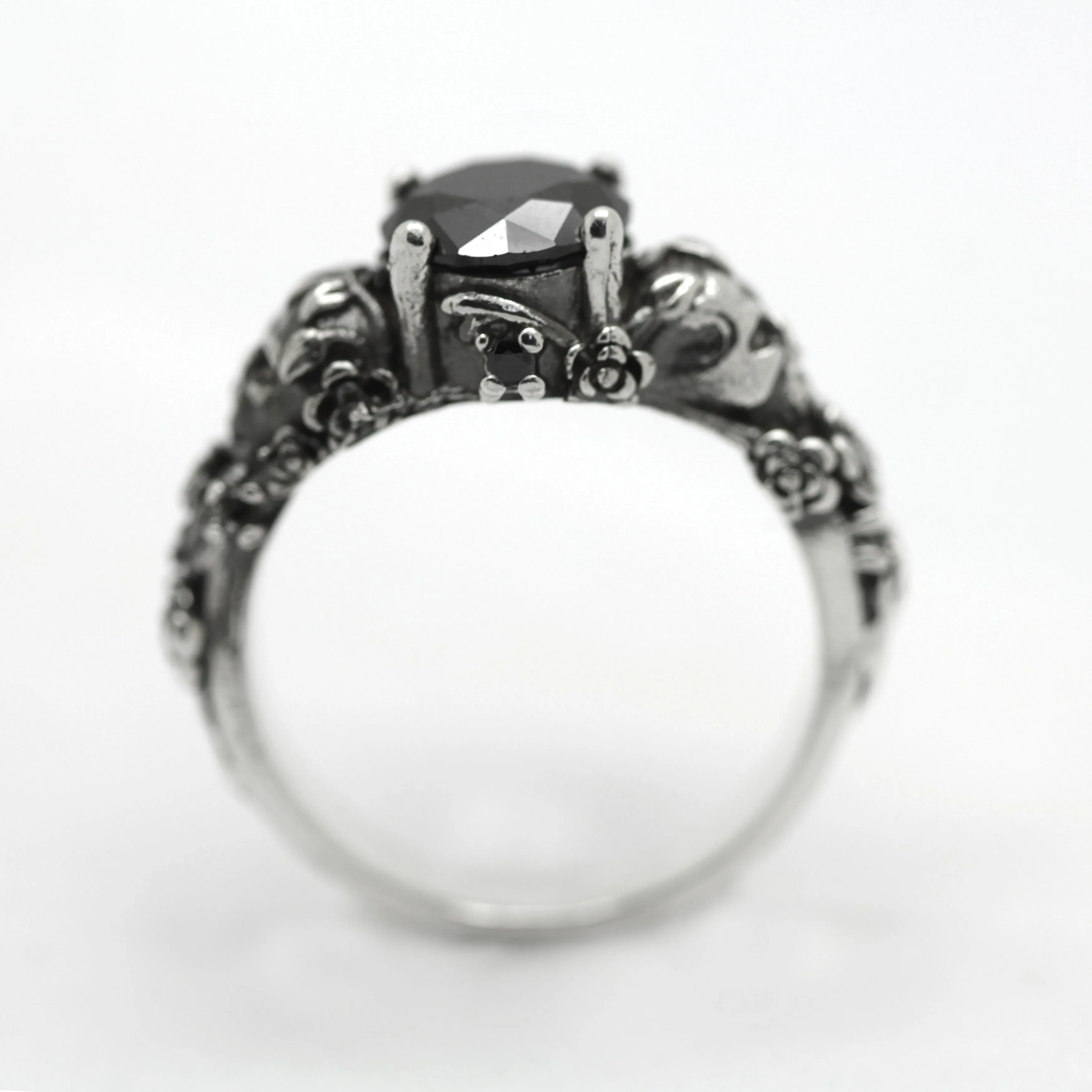 Gothic Skull and Roses, Black Round Gemstone, Skeleton Sterling Silver Ring, Love to Death