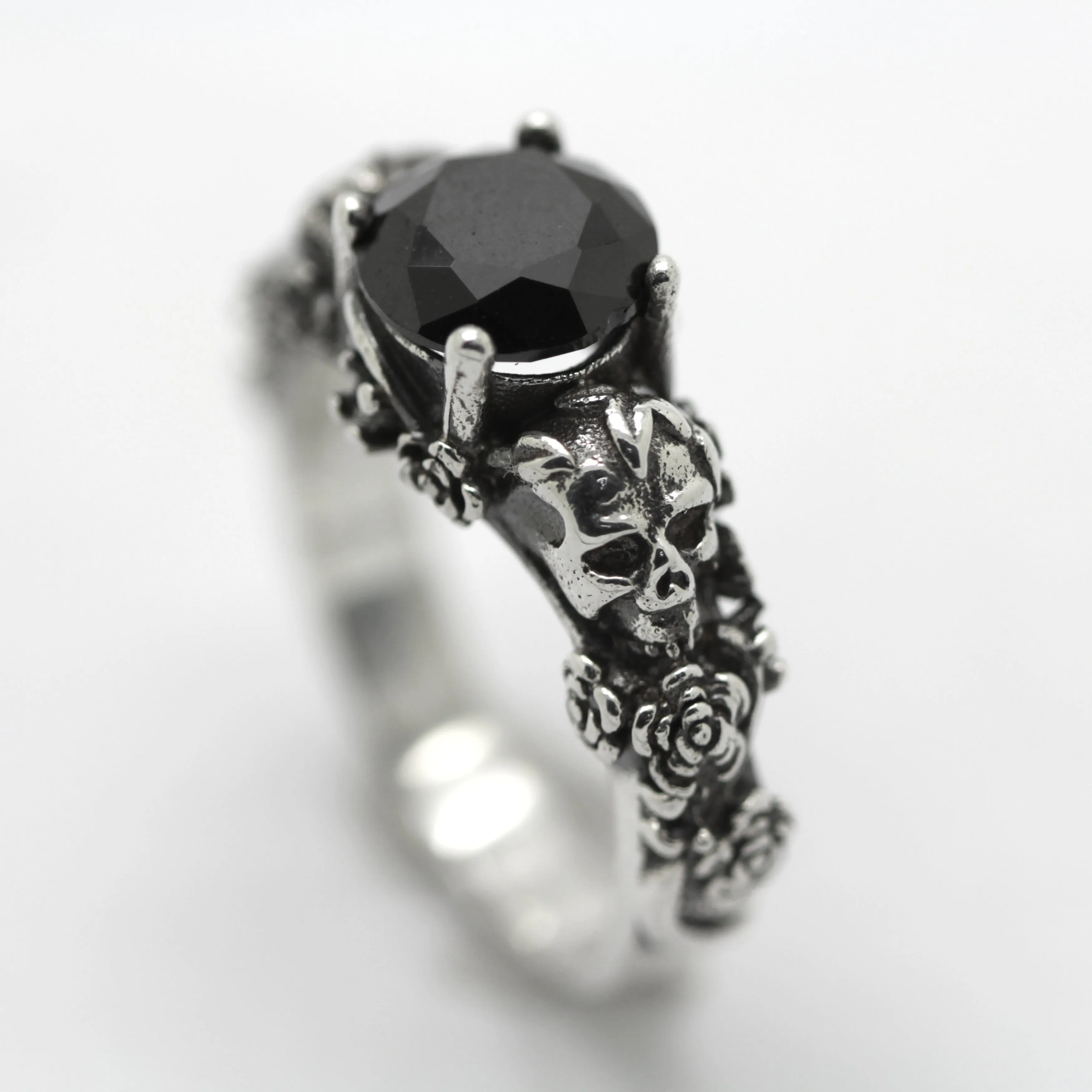 Gothic Skull and Roses, Black Round Gemstone, Skeleton Sterling Silver Ring, Love to Death