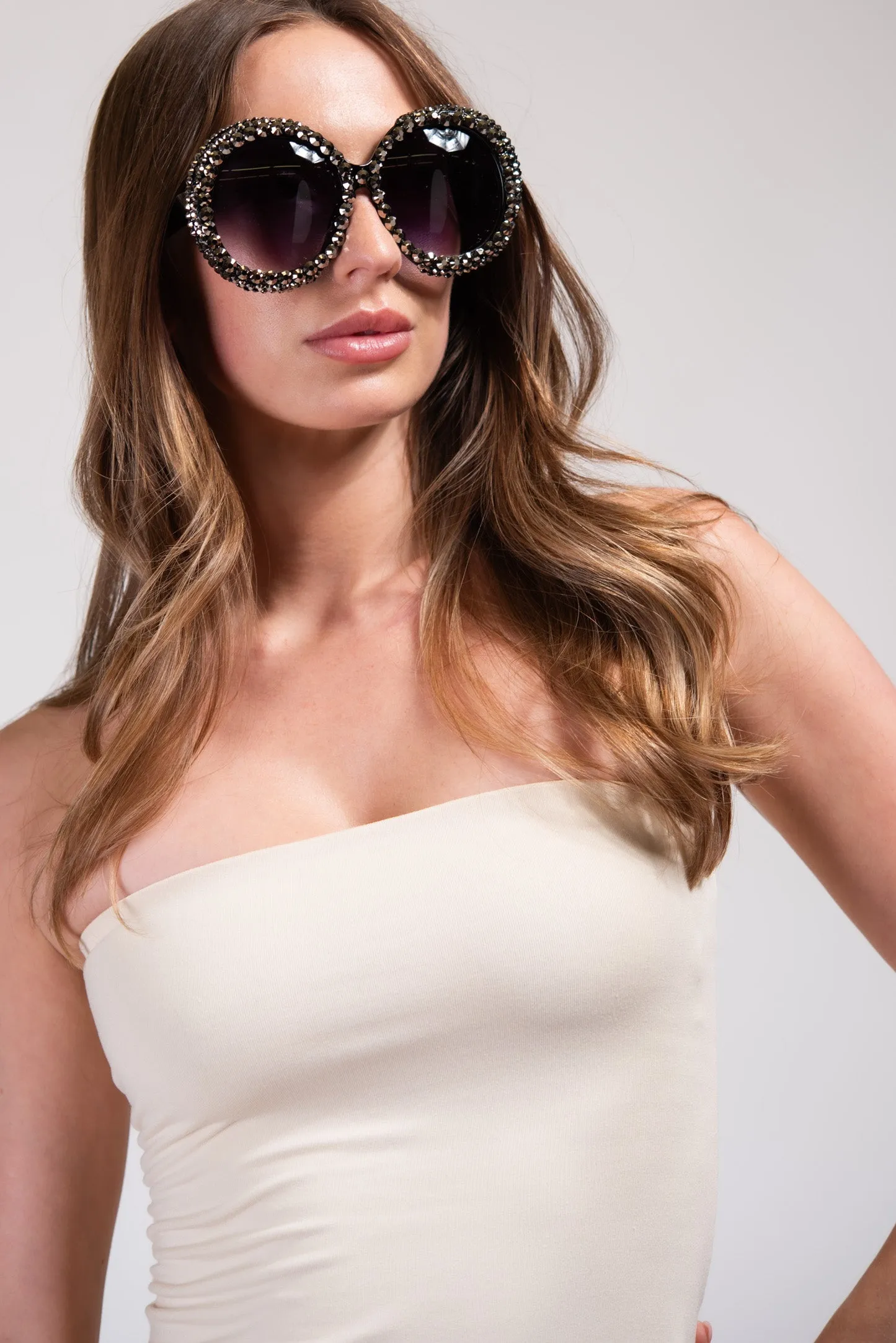 Gracie Oversized Round Frame Rhinestone Sunglasses