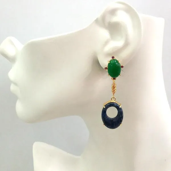 Green Jade and Sodalite Stud with Citrine and Dumortierite Detachable Twinset Earrings