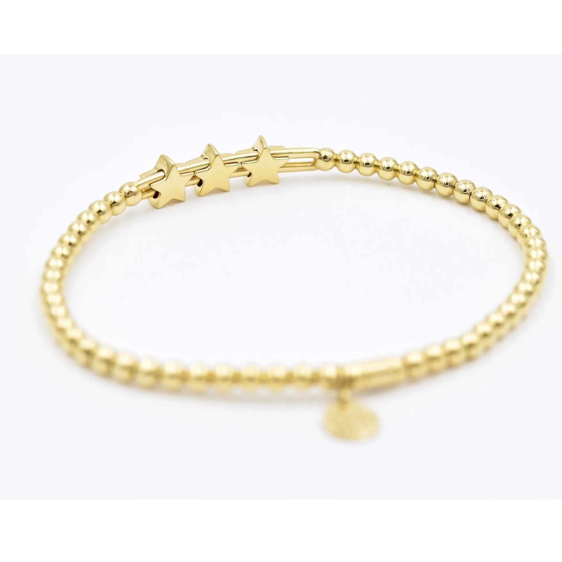 Hulchi Belluni Fidget Bracelet with Three Pave Diamond Moveable Star Stations Yellow Gold Stretch Stackable