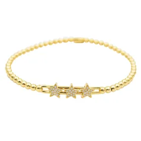 Hulchi Belluni Fidget Bracelet with Three Pave Diamond Moveable Star Stations Yellow Gold Stretch Stackable