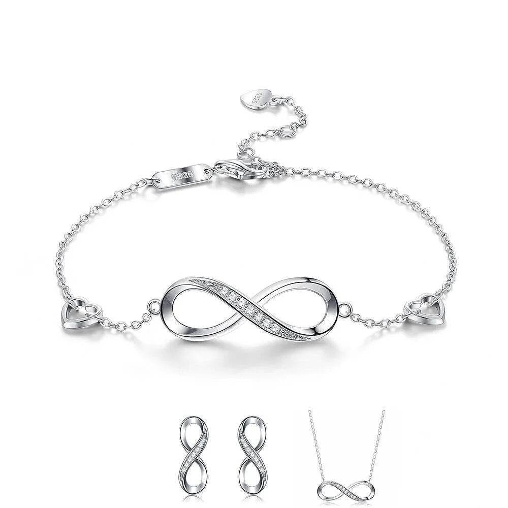 Infinity Cubic Zirconia 925 Sterling Silver Necklace, Bracelet & Earrings Wedding Jewelry Set