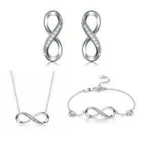 Infinity Cubic Zirconia 925 Sterling Silver Necklace, Bracelet & Earrings Wedding Jewelry Set