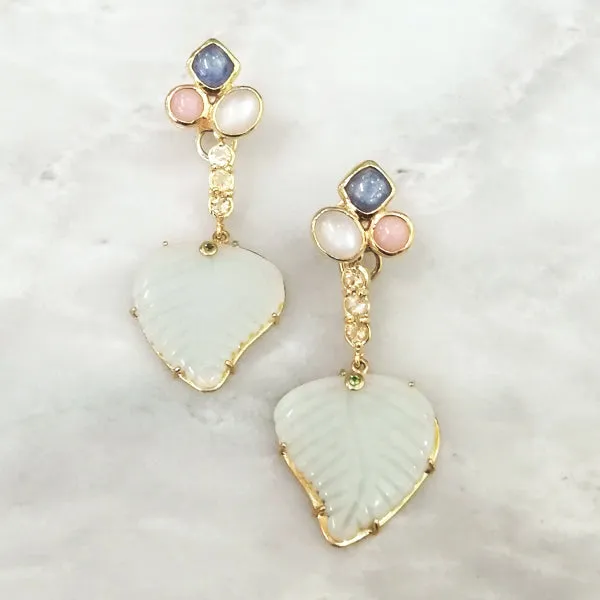 Kyanite, Moonstone & Pink Opal Studs with White Topaz, Tsavorite Garnets &  Carved Leaf White Jade Twinset Earrings