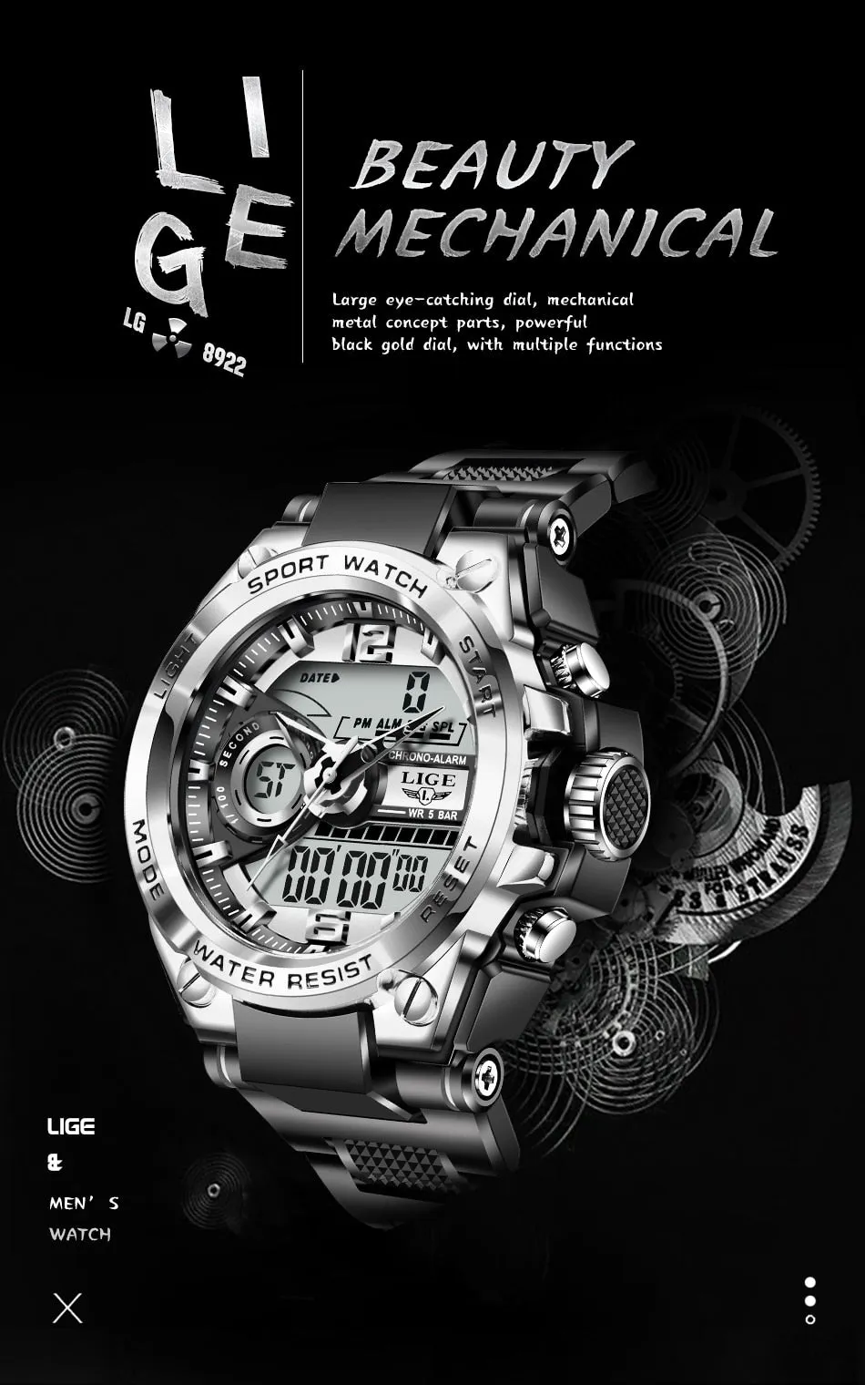 LIGE Men's 50m Waterproof Digital Wristwatch