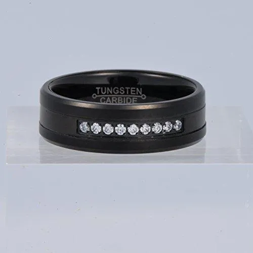 Men Black 8mm Tungsten Carbide Ring Vintage Cubic Zirconia Wedding Jewelry Engagement Promise Band for Him Matte Finish Comfort Fit