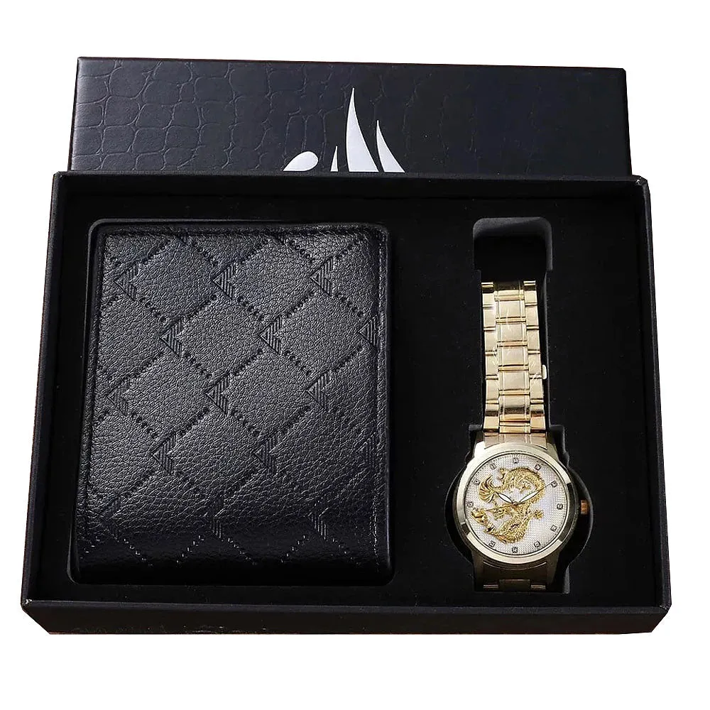 Men Quartz Watch and Black Wallet with Card Holder Gift Set