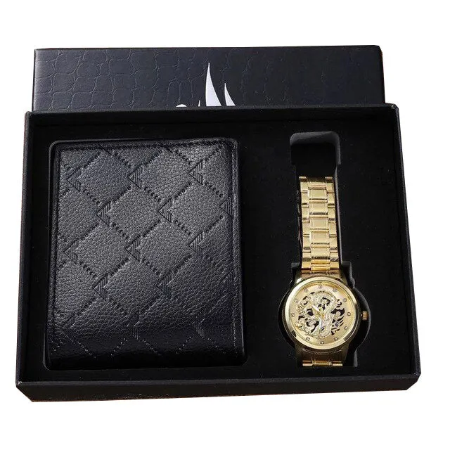 Men Quartz Watch and Black Wallet with Card Holder Gift Set