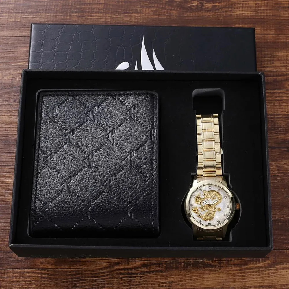 Men Quartz Watch and Black Wallet with Card Holder Gift Set