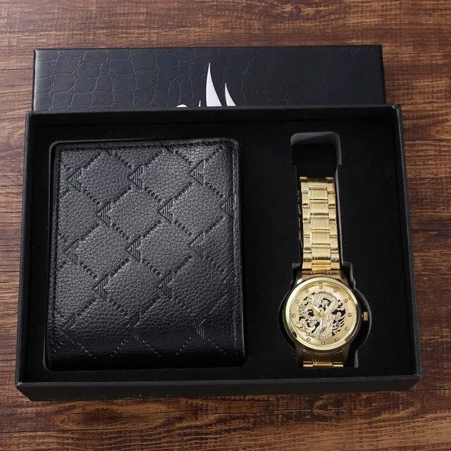 Men Quartz Watch and Black Wallet with Card Holder Gift Set