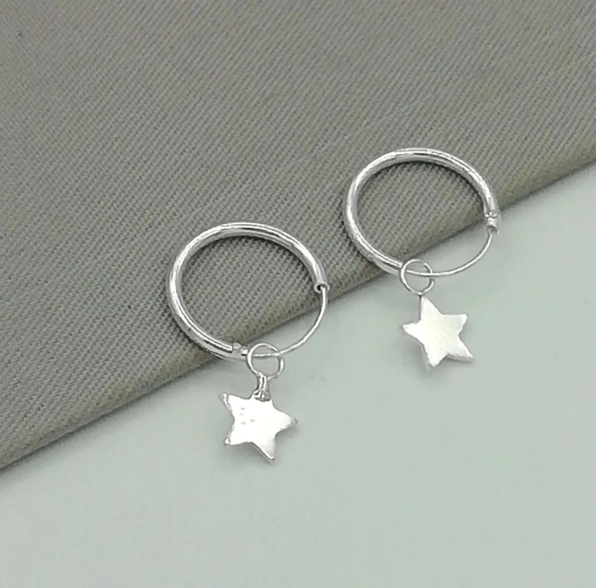 Minimalist Hoops - Silver Star Charm - Celestial Earrings - 12mm Hoops - Small Hoop Earrings - Cartilage Hoops - Star Earrings - E340