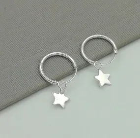 Minimalist Hoops - Silver Star Charm - Celestial Earrings - 12mm Hoops - Small Hoop Earrings - Cartilage Hoops - Star Earrings - E340