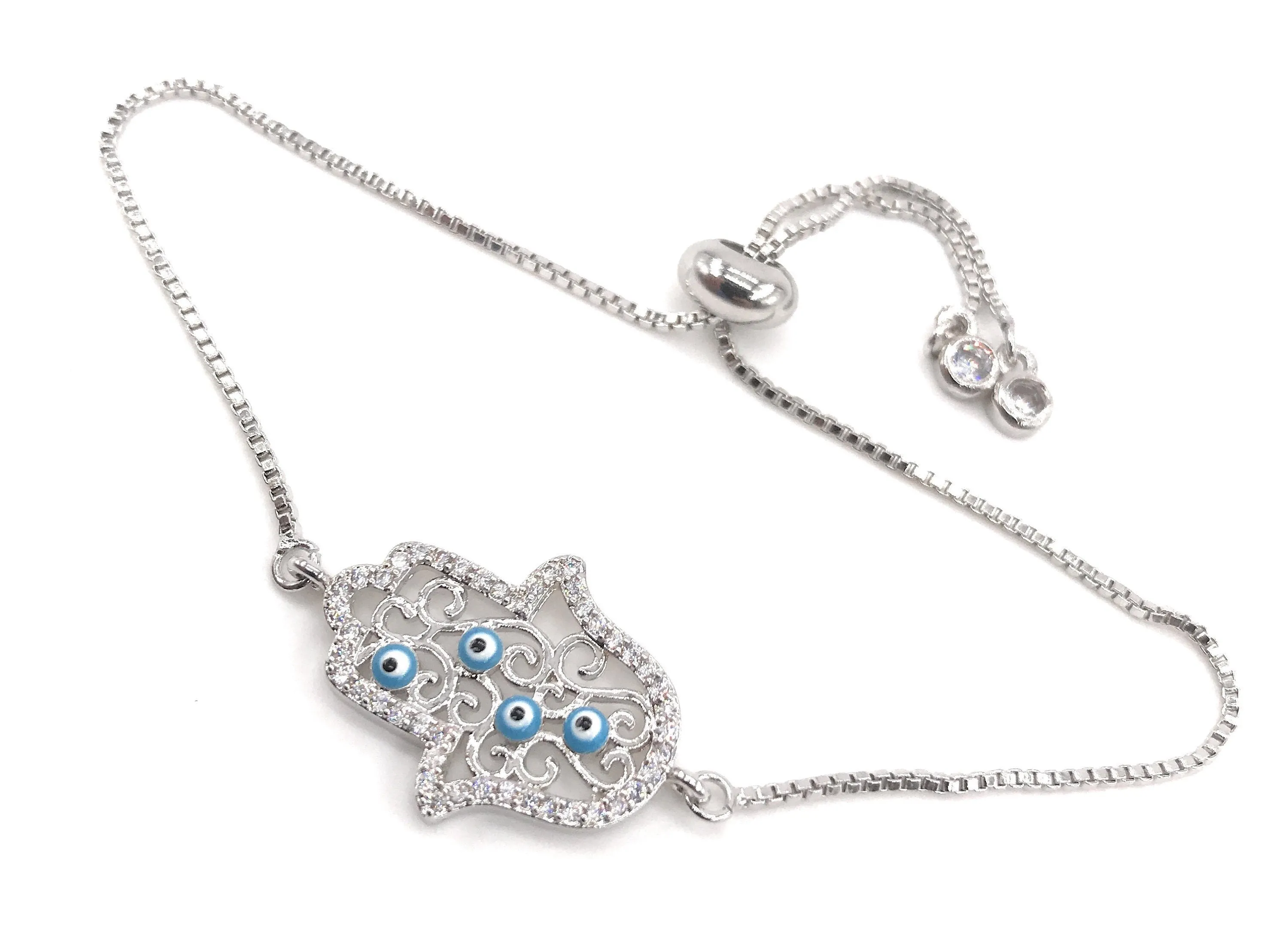 Modern Hamsa Hand Silver Plated Chain Bracelet with Small Enamel Evil Eyes