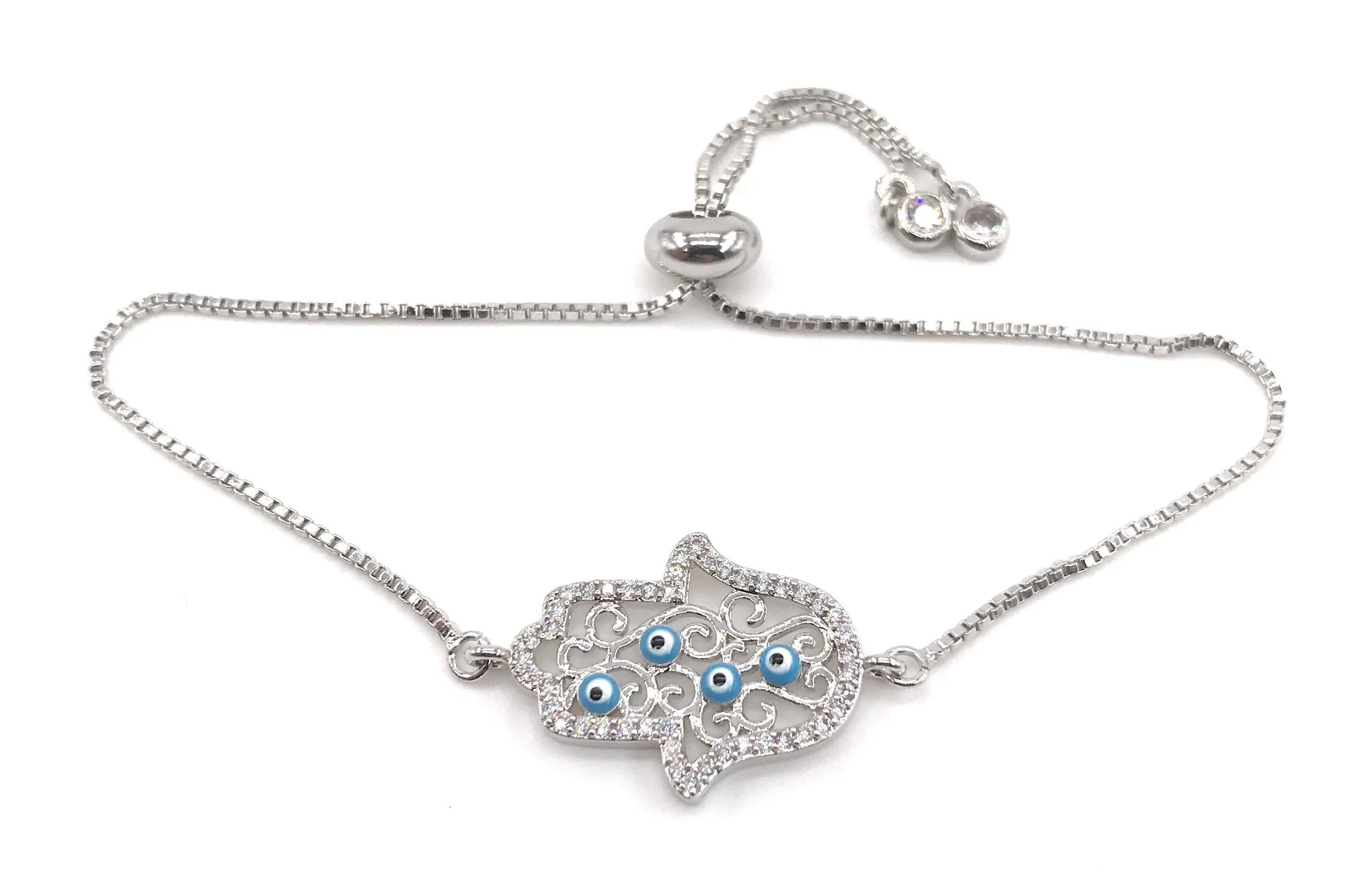 Modern Hamsa Hand Silver Plated Chain Bracelet with Small Enamel Evil Eyes