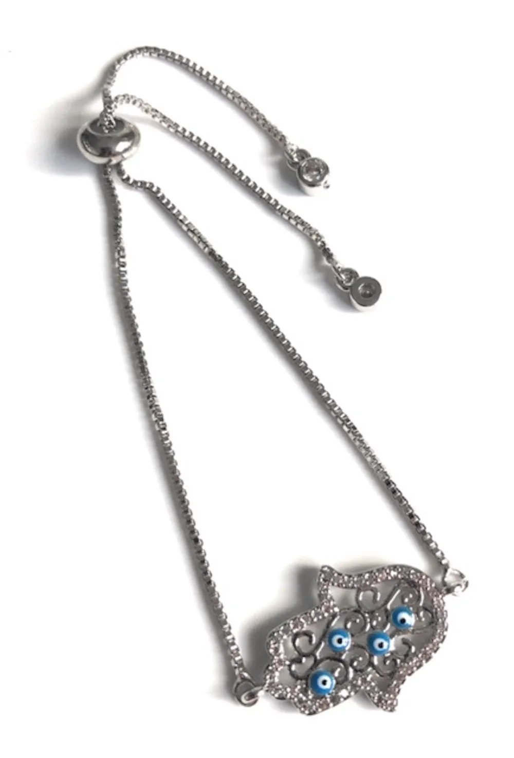 Modern Hamsa Hand Silver Plated Chain Bracelet with Small Enamel Evil Eyes