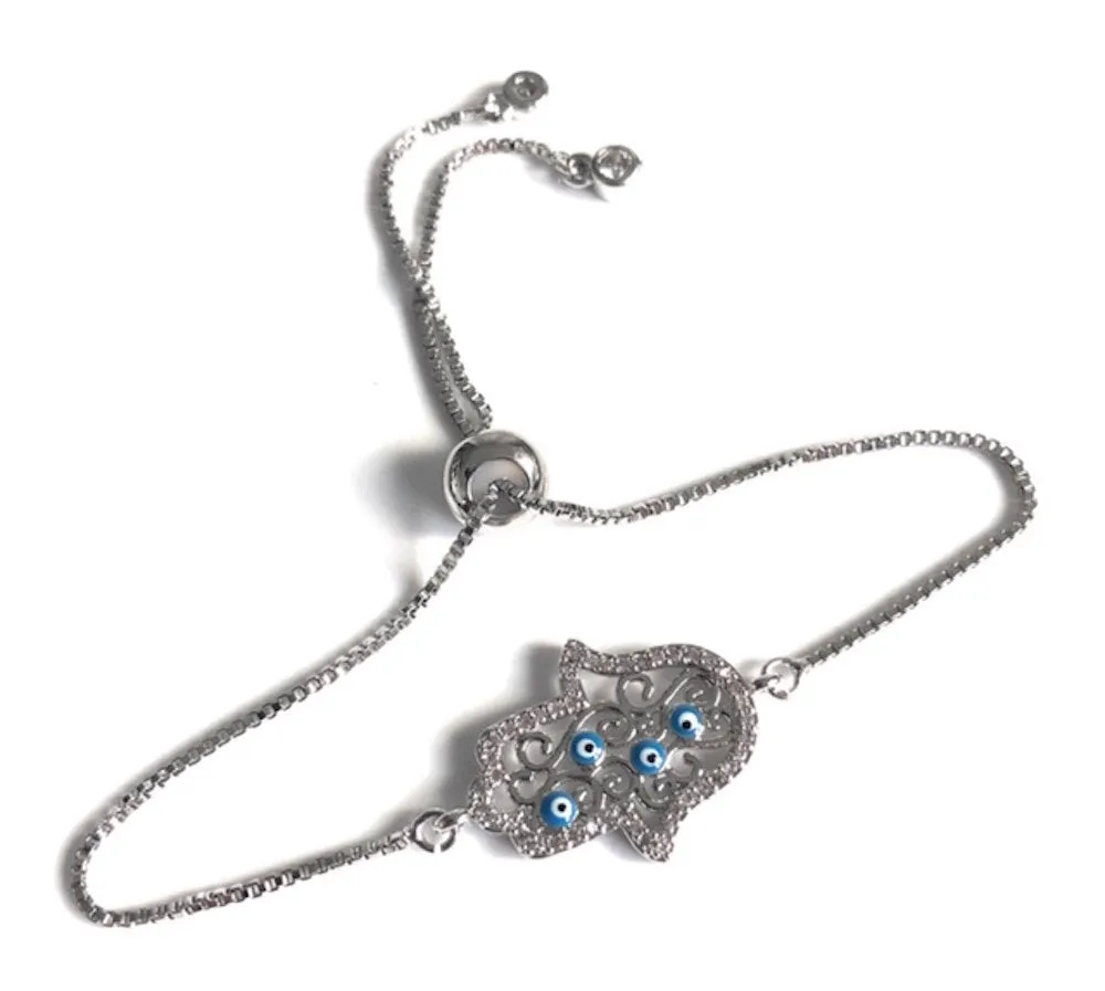 Modern Hamsa Hand Silver Plated Chain Bracelet with Small Enamel Evil Eyes