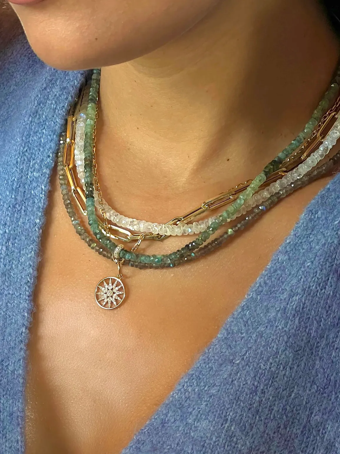 Moss Aqua with Pave Diamond Rondelle Necklace