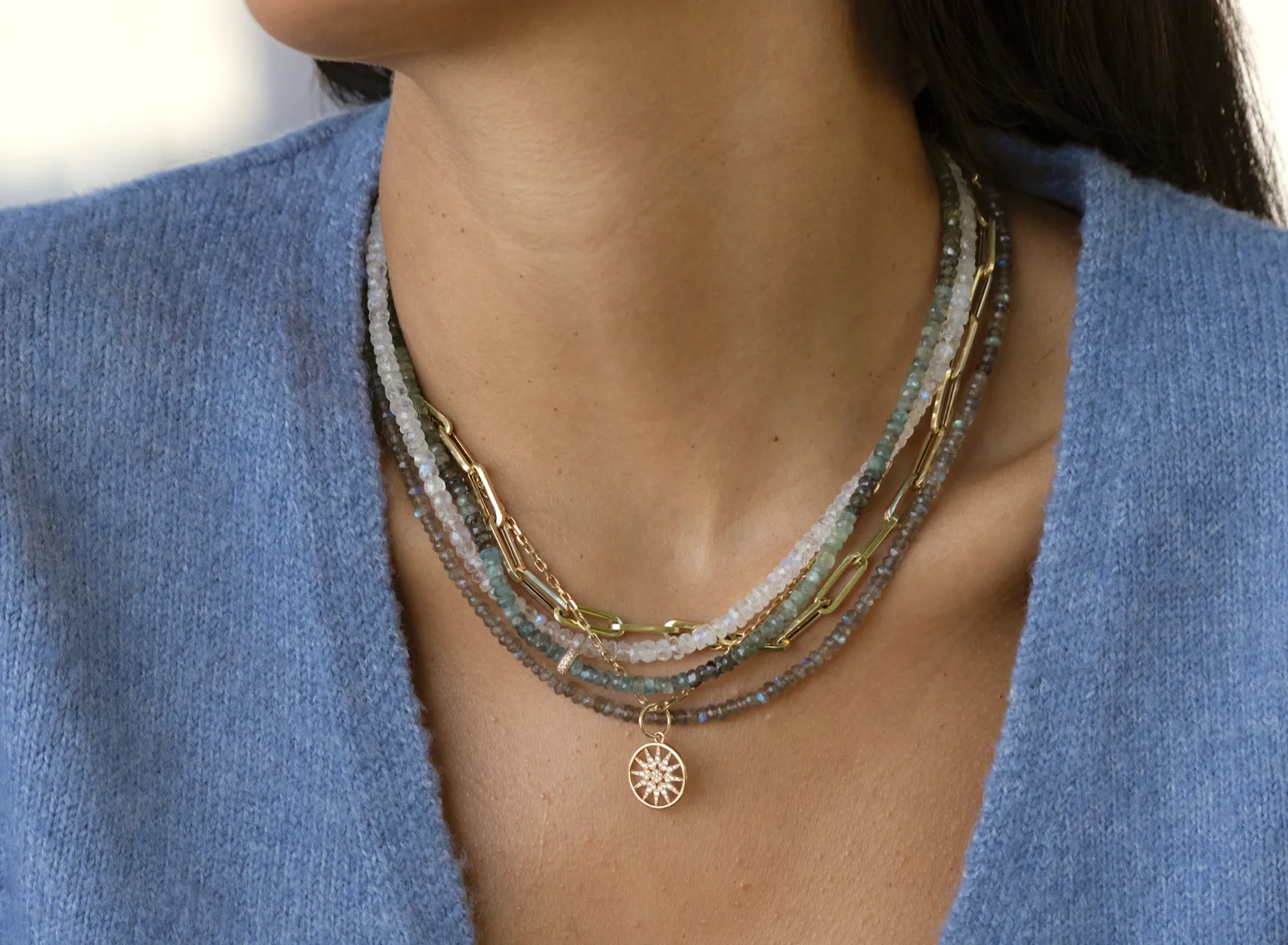 Moss Aqua with Pave Diamond Rondelle Necklace