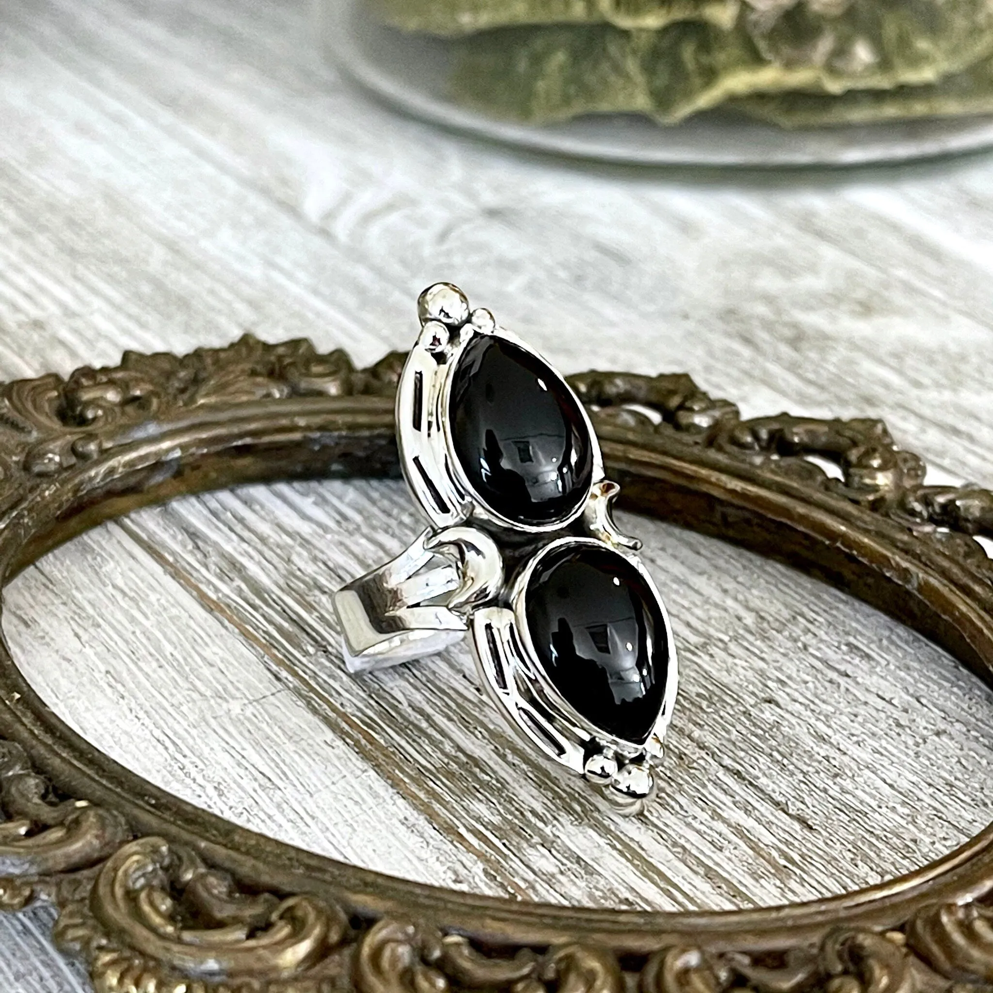 Mystic Moons Black Onyx Crystal Ring in Solid Sterling Silver- Designed by FOXLARK Collection Size 6 7 8 9 10 / Gothic Jewelry