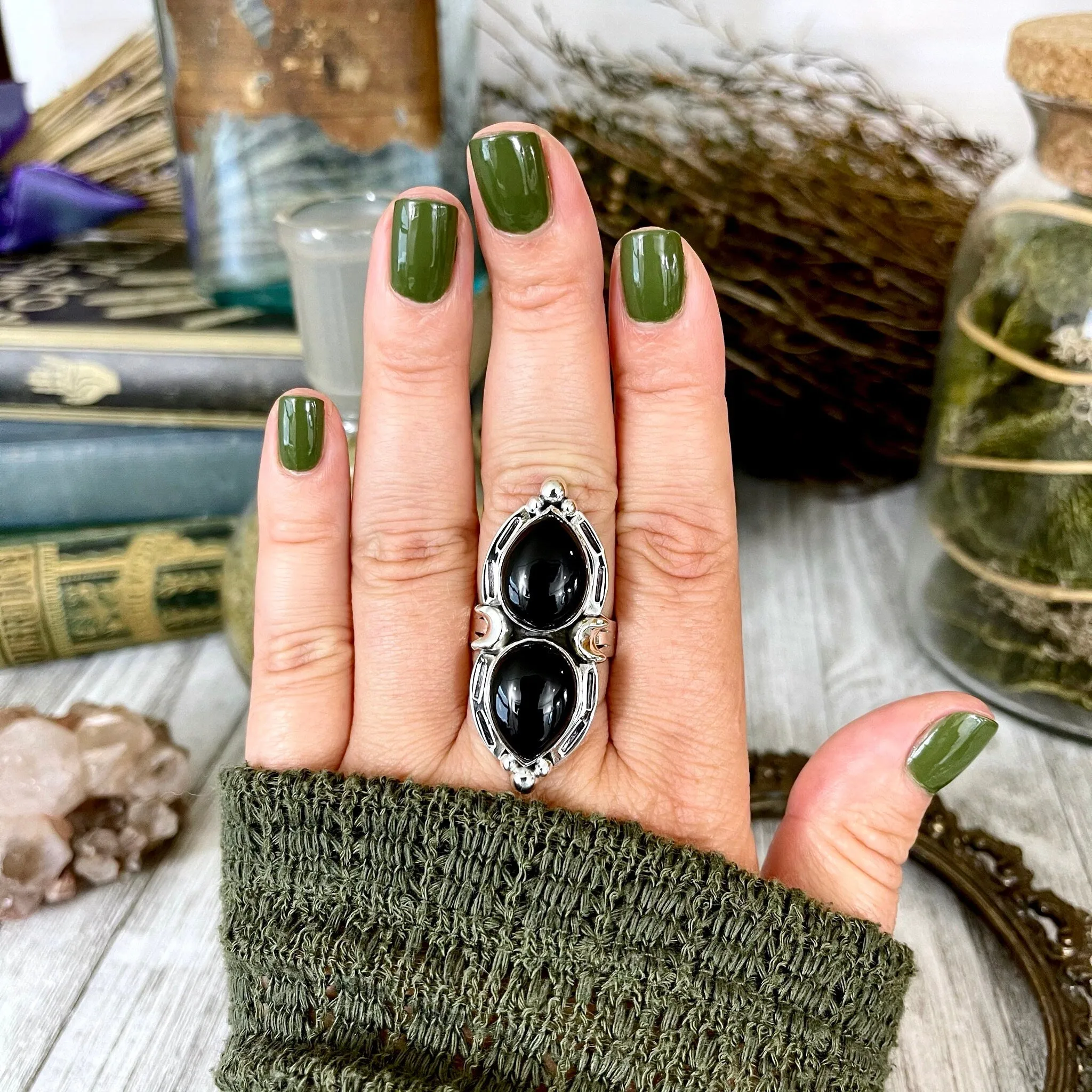 Mystic Moons Black Onyx Crystal Ring in Solid Sterling Silver- Designed by FOXLARK Collection Size 6 7 8 9 10 / Gothic Jewelry