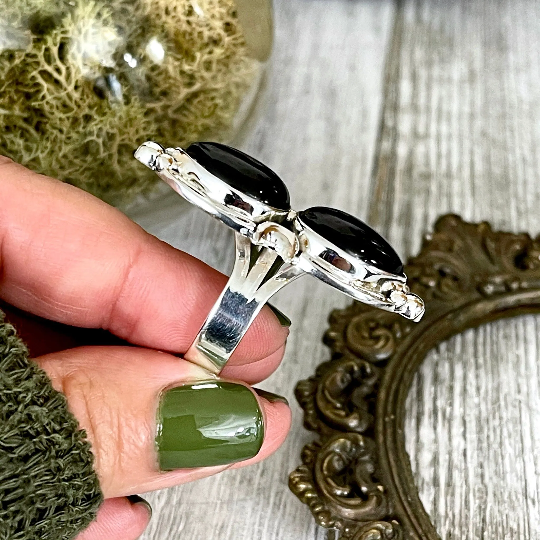 Mystic Moons Black Onyx Crystal Ring in Solid Sterling Silver- Designed by FOXLARK Collection Size 6 7 8 9 10 / Gothic Jewelry