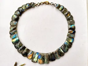 Natural Labradorite Multi Fire Bib Necklace, Cleopatra Egyptian Necklace, Fancy Beach Jewelry, AAA  Labradorite Choker Handmade Necklace