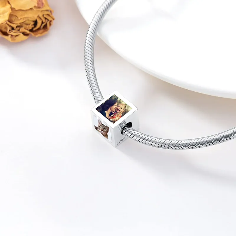 Personalized Four-Sided Three-Sided Two-Sided Photo Charm Customized Bead Holds 2/3/4 Images Pictures Fit Snake Bracelet for Women