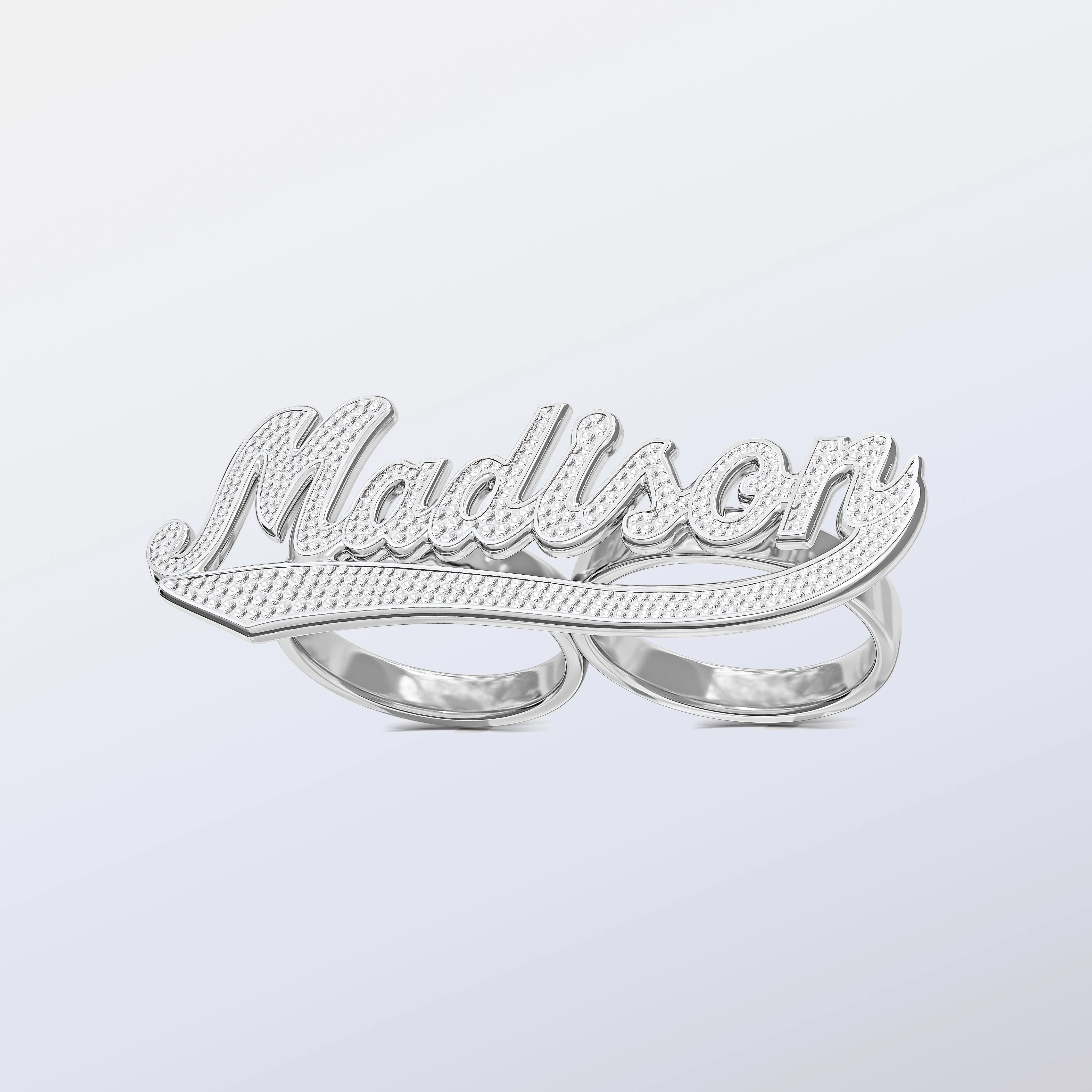 Personalized Two-Finger Name Ring with Beading and Rhodium With Tail  Madison