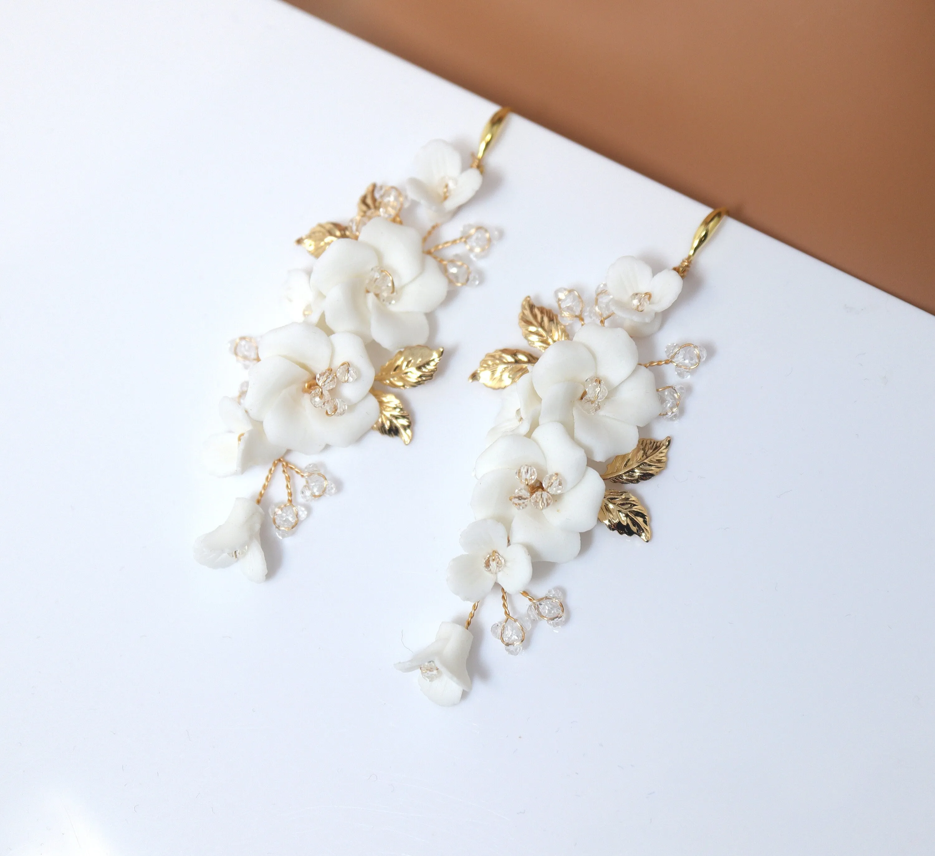 Porcelain Ceramic White Flower Sparkling Crystal Long Bridal Jewelry Crystal Bridal Earrings Statement Earrings Cz