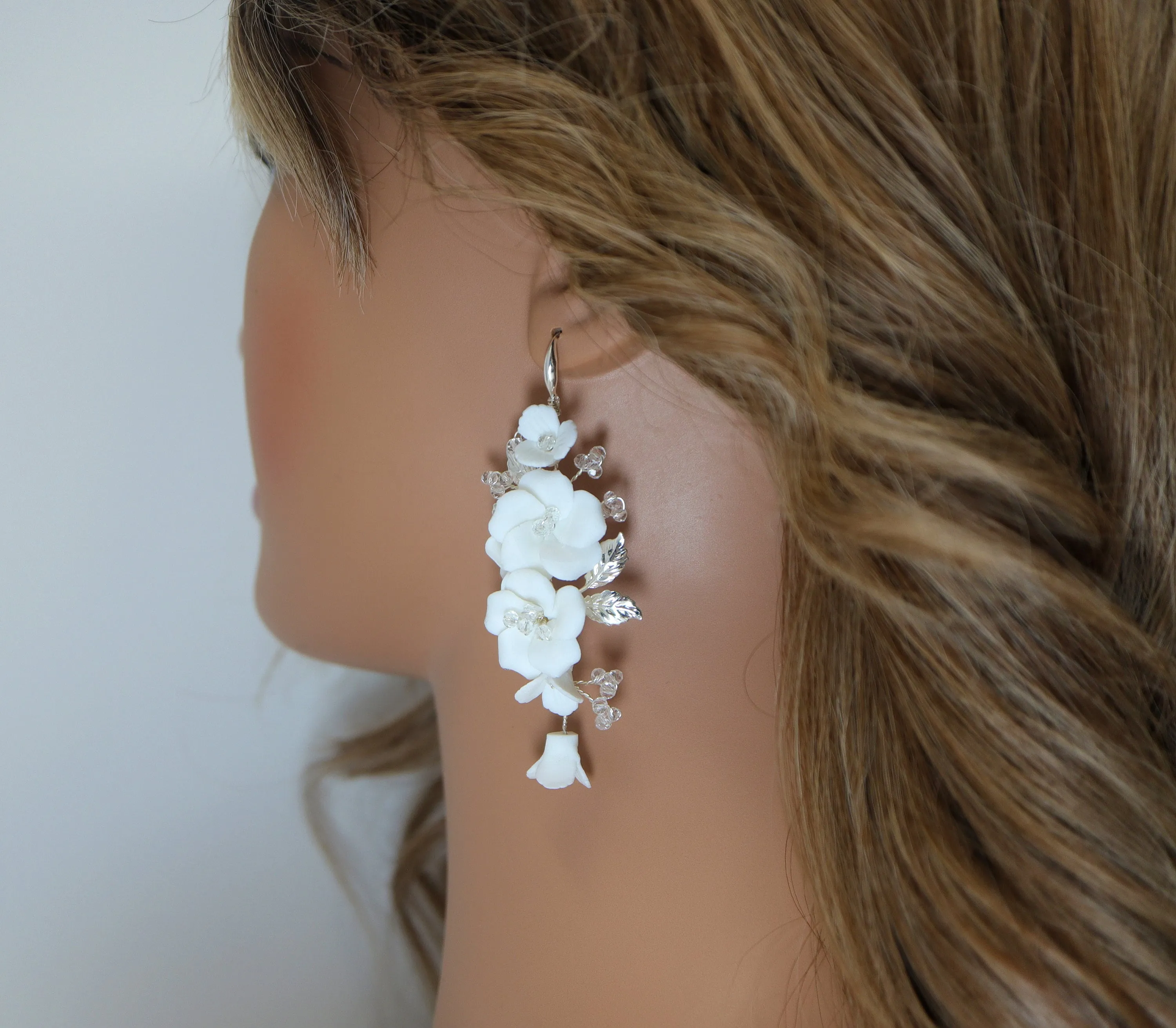 Porcelain Ceramic White Flower Sparkling Crystal Long Bridal Jewelry Crystal Bridal Earrings Statement Earrings Cz