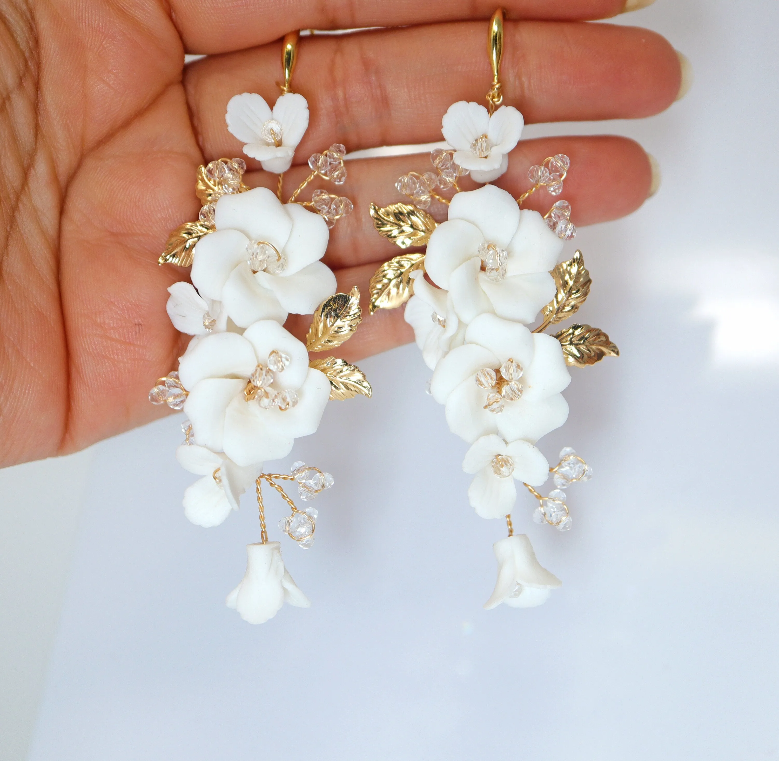 Porcelain Ceramic White Flower Sparkling Crystal Long Bridal Jewelry Crystal Bridal Earrings Statement Earrings Cz