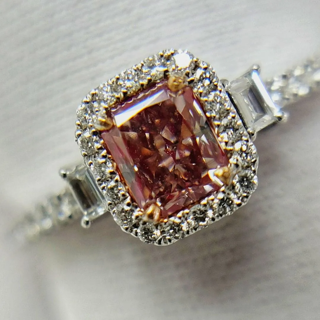 Radiant Cut Three Stone Brown Pink Diamond Engagement Ring