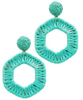 Raffia Wrapped Hexagon Earrings - Turquoise