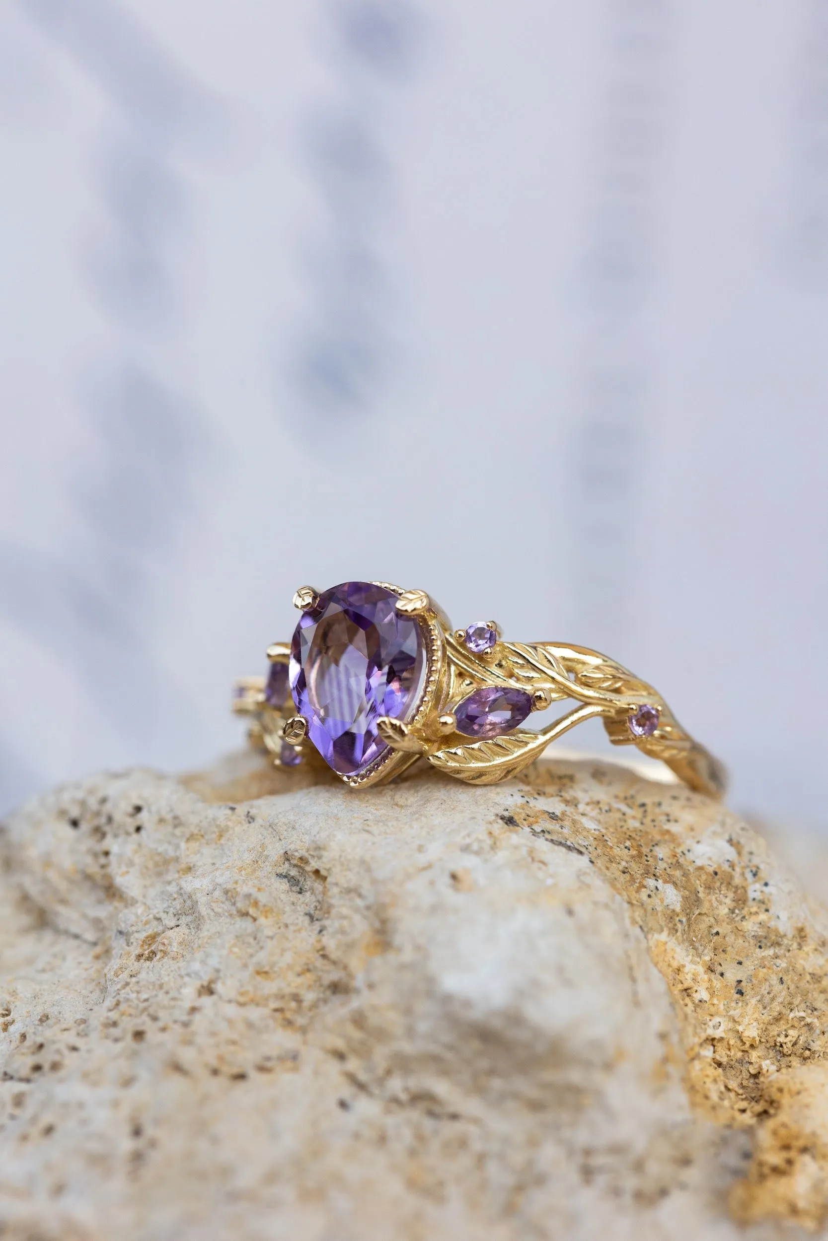 READY TO SHIP: Patricia ring in 14K yellow gold, natural amethyst pear cut 8x6 mm, accent amethysts, AVAILABLE RING SIZES: 6.5-8.5US