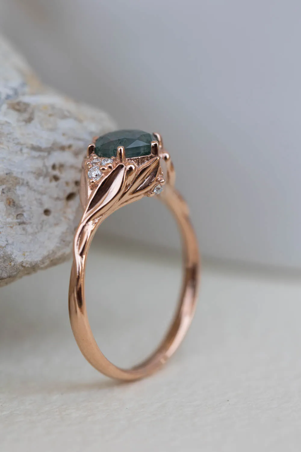 READY TO SHIP: Roma set in 14K rose gold, hexagon moss agate, moissanites, RING SIZE 7 US