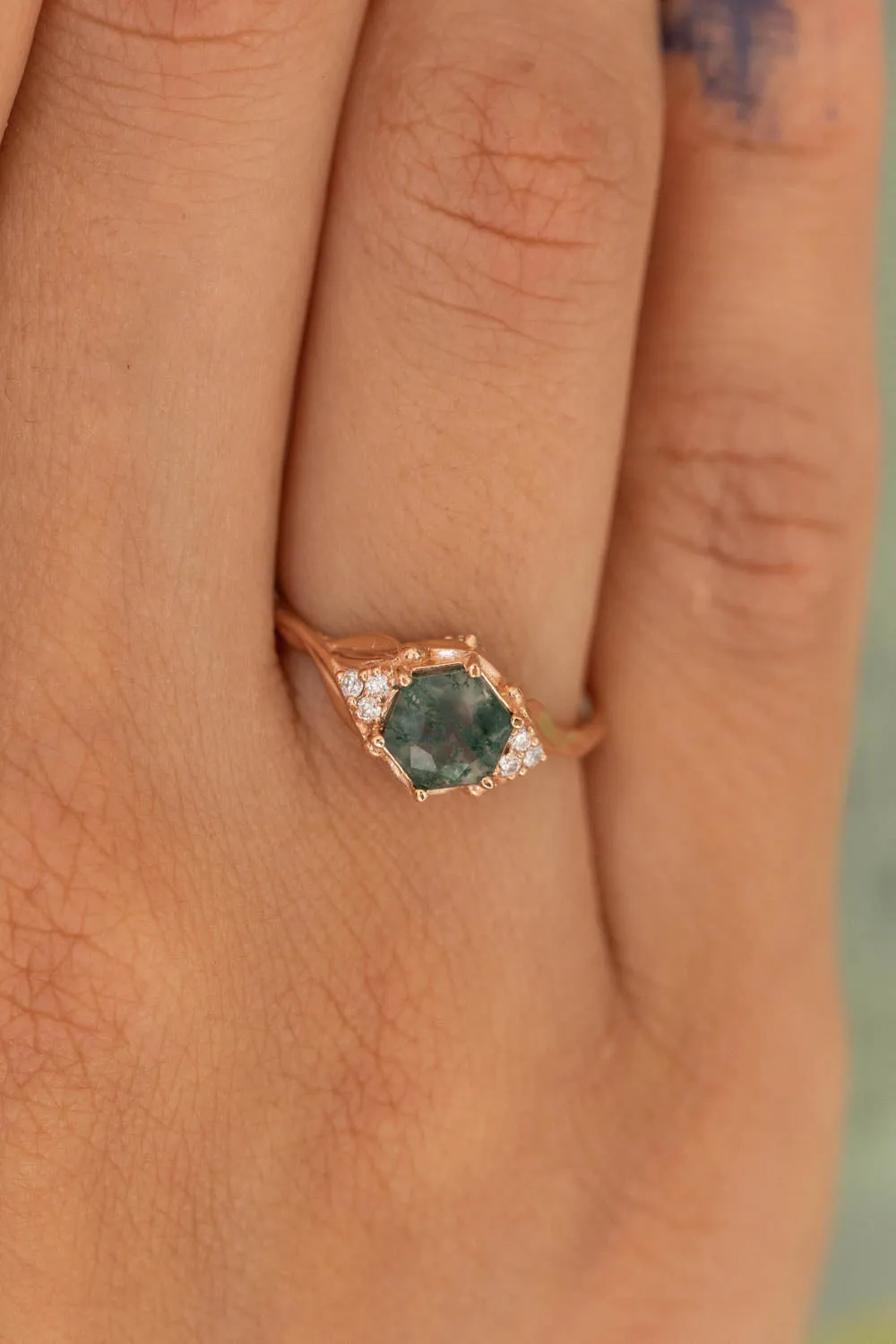 READY TO SHIP: Roma set in 14K rose gold, hexagon moss agate, moissanites, RING SIZE 7 US