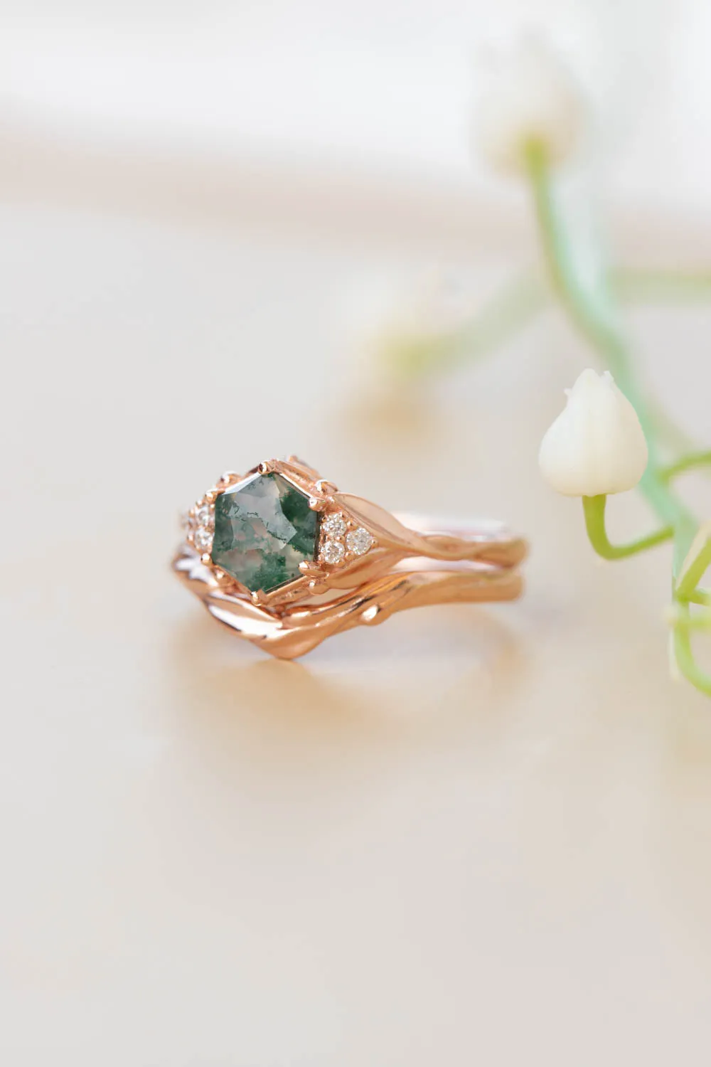 READY TO SHIP: Roma set in 14K rose gold, hexagon moss agate, moissanites, RING SIZE 7 US