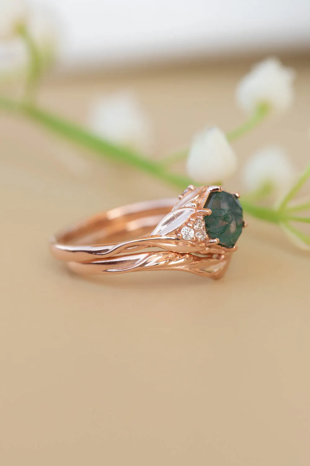 READY TO SHIP: Roma set in 14K rose gold, hexagon moss agate, moissanites, RING SIZE 7 US