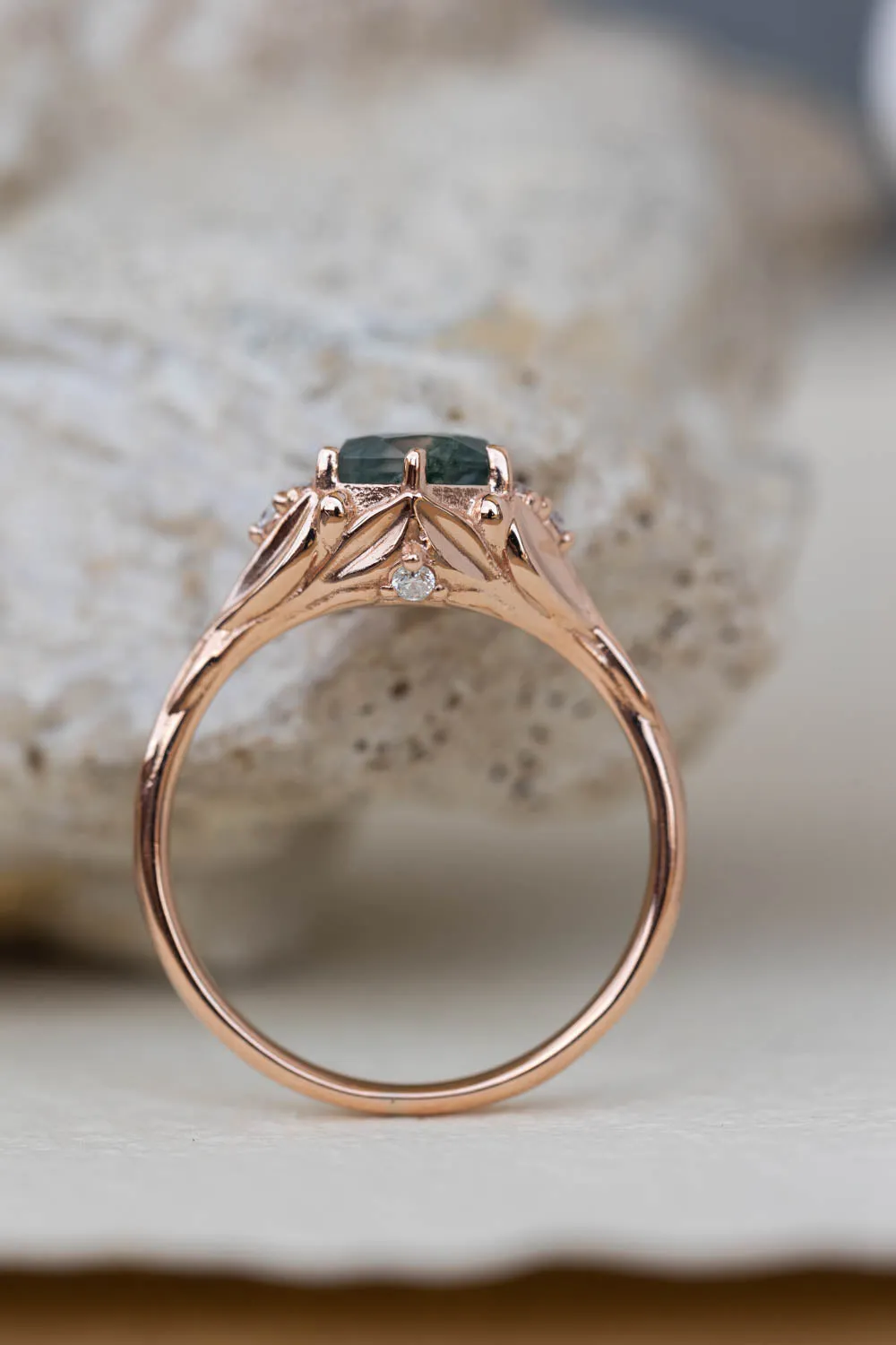 READY TO SHIP: Roma set in 14K rose gold, hexagon moss agate, moissanites, RING SIZE 7 US