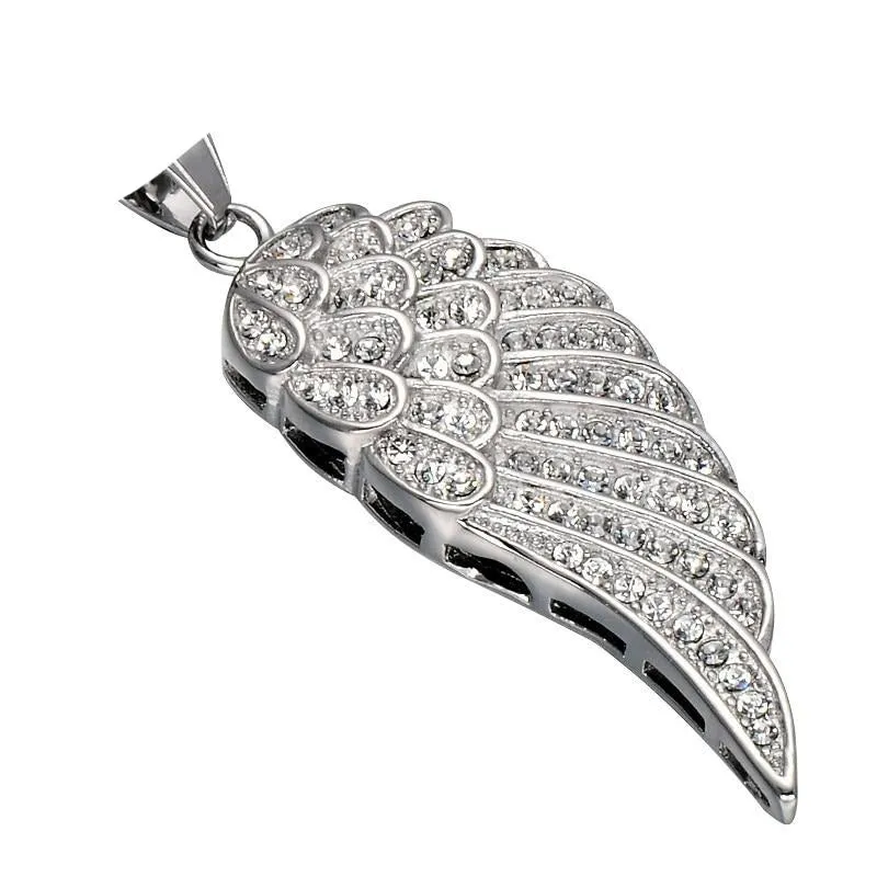 Rhinestone-Studded Gold-Plated Angel Wing Bling Stainless Steel Hip-hop Pendant Necklace