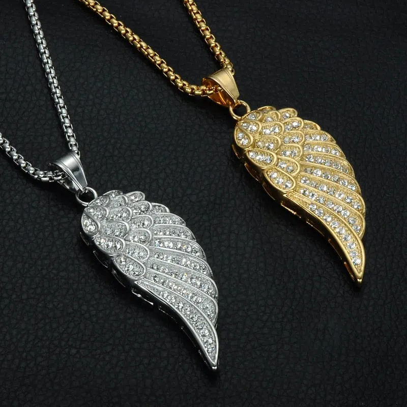 Rhinestone-Studded Gold-Plated Angel Wing Bling Stainless Steel Hip-hop Pendant Necklace