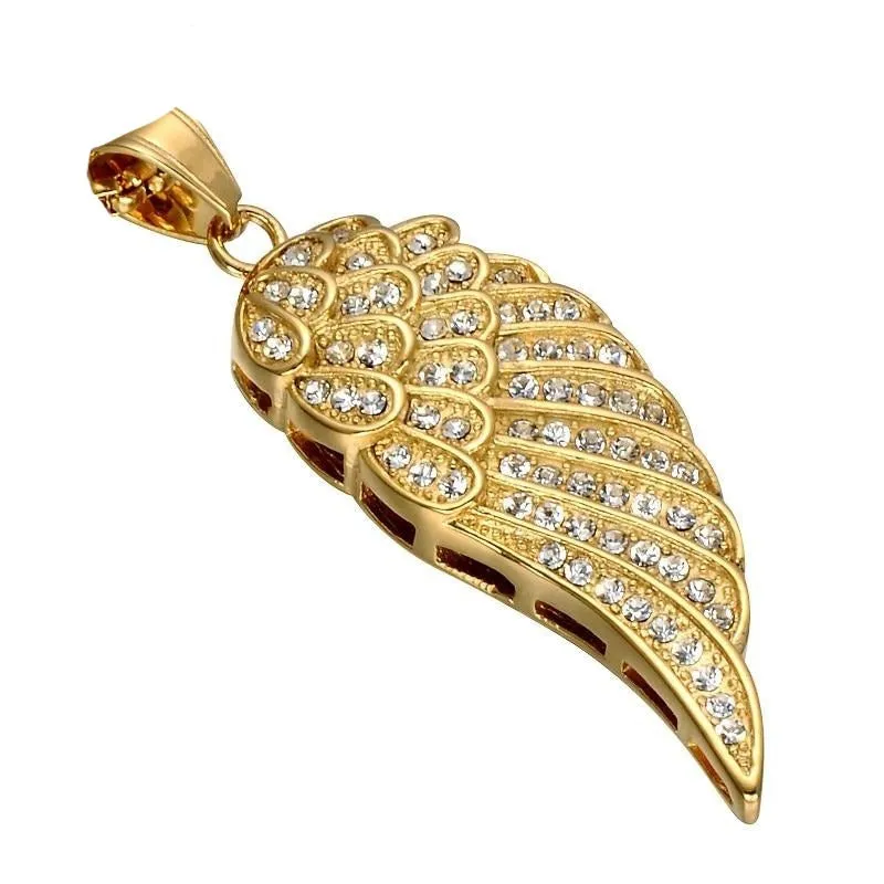 Rhinestone-Studded Gold-Plated Angel Wing Bling Stainless Steel Hip-hop Pendant Necklace