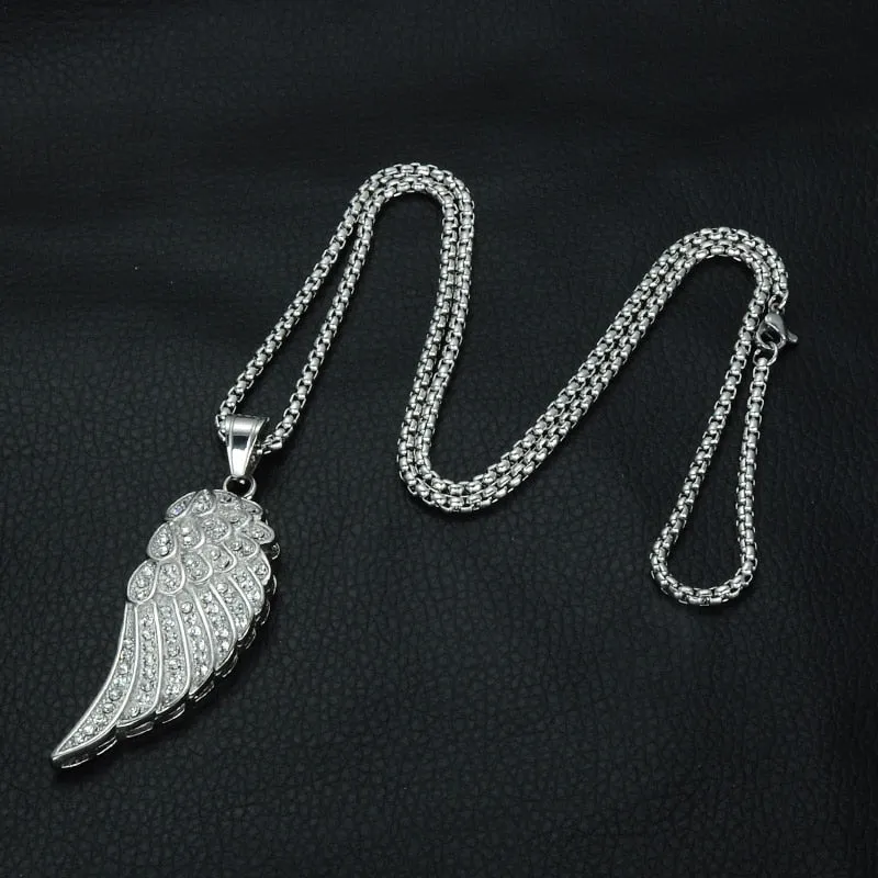 Rhinestone-Studded Gold-Plated Angel Wing Bling Stainless Steel Hip-hop Pendant Necklace