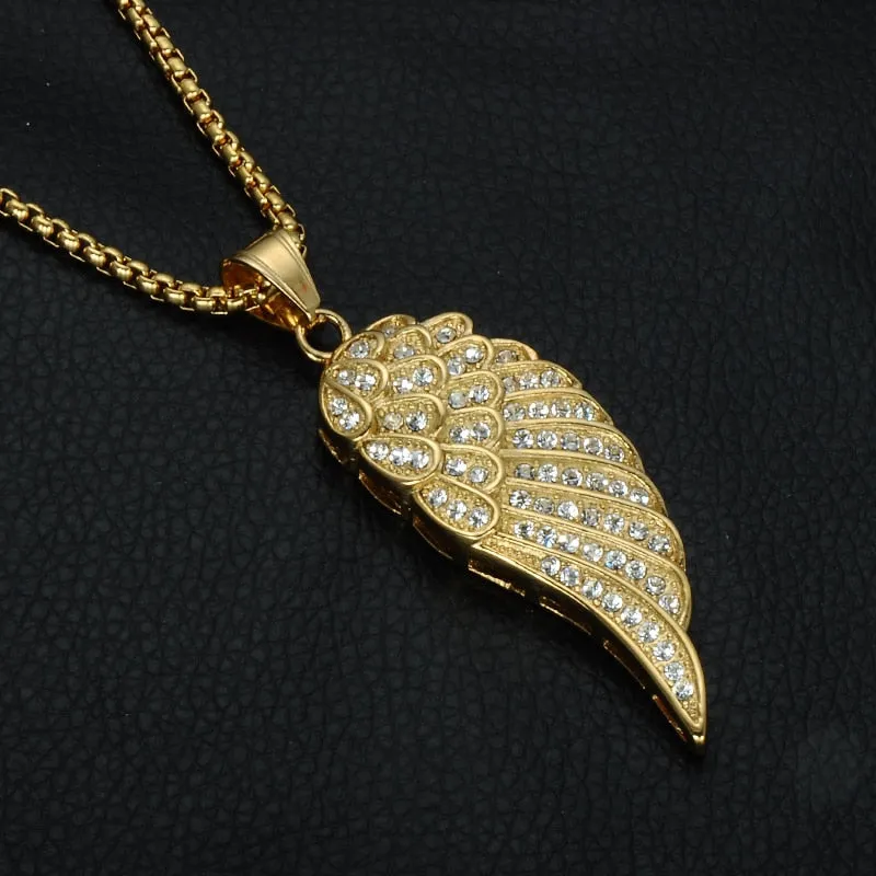 Rhinestone-Studded Gold-Plated Angel Wing Bling Stainless Steel Hip-hop Pendant Necklace