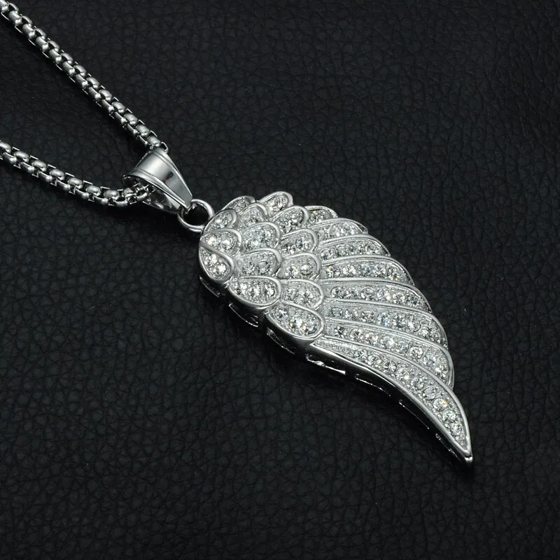 Rhinestone-Studded Gold-Plated Angel Wing Bling Stainless Steel Hip-hop Pendant Necklace