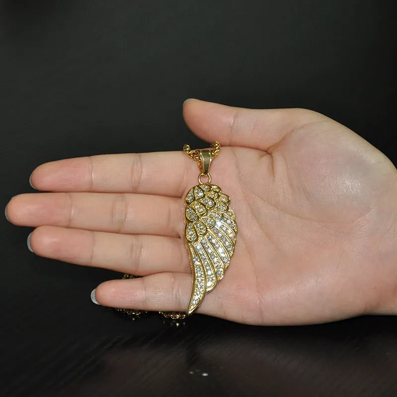 Rhinestone-Studded Gold-Plated Angel Wing Bling Stainless Steel Hip-hop Pendant Necklace