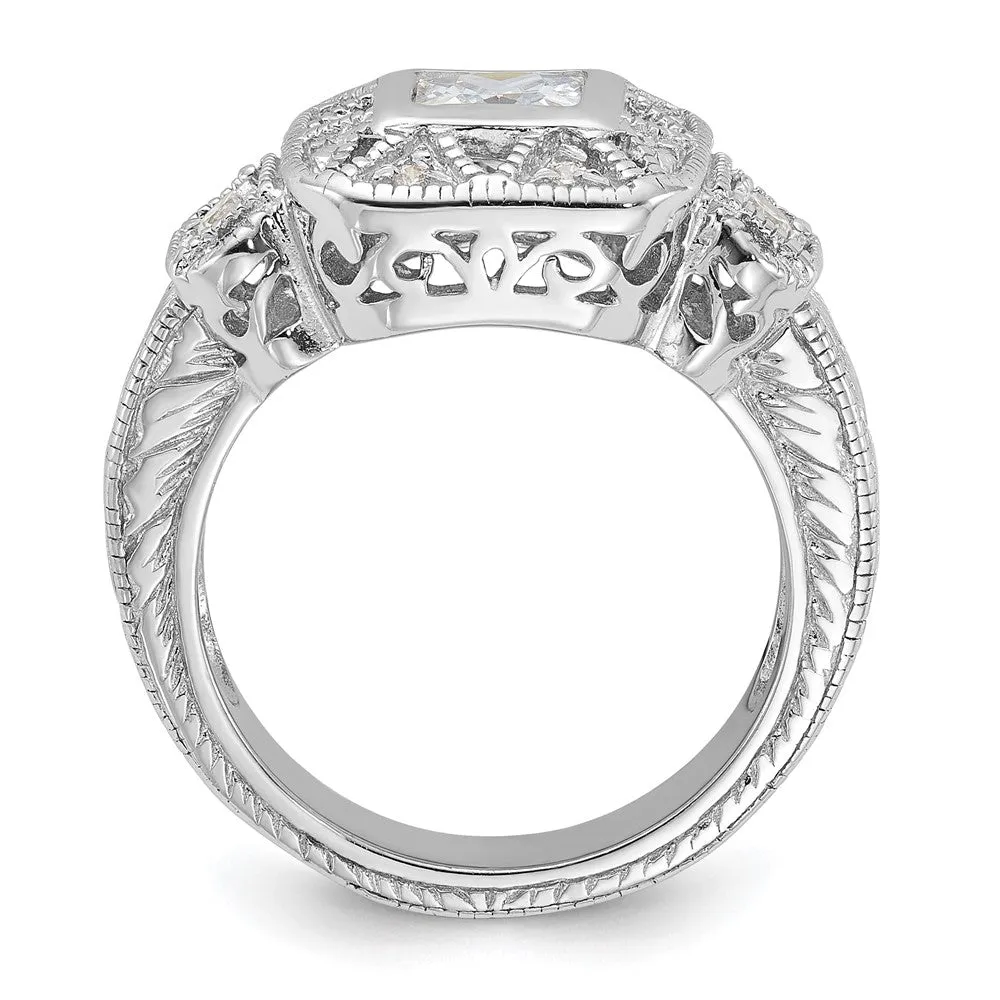 Rhodium-Plated CZ Antique Style Ring in Sterling Silver