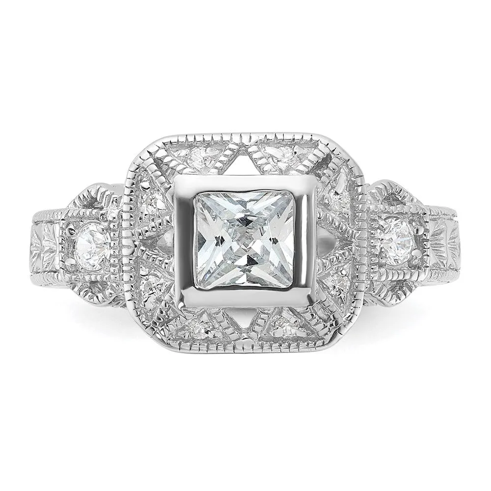 Rhodium-Plated CZ Antique Style Ring in Sterling Silver